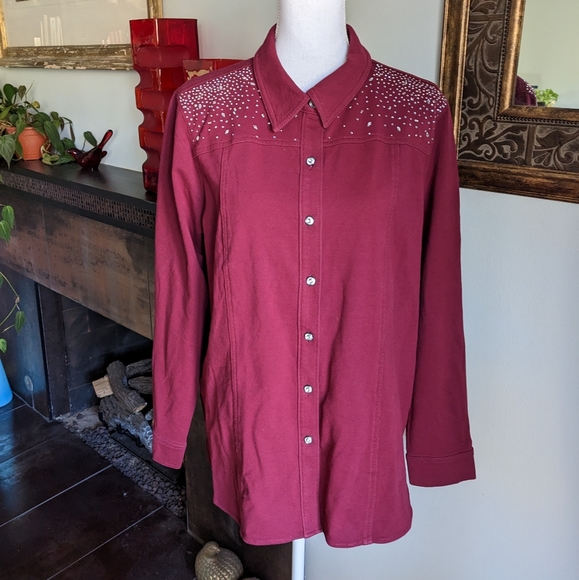 Dream Jeannes By Quacker Factory Wms Large Embellished Button Up Shacket Wine - Picture 1 of 11
